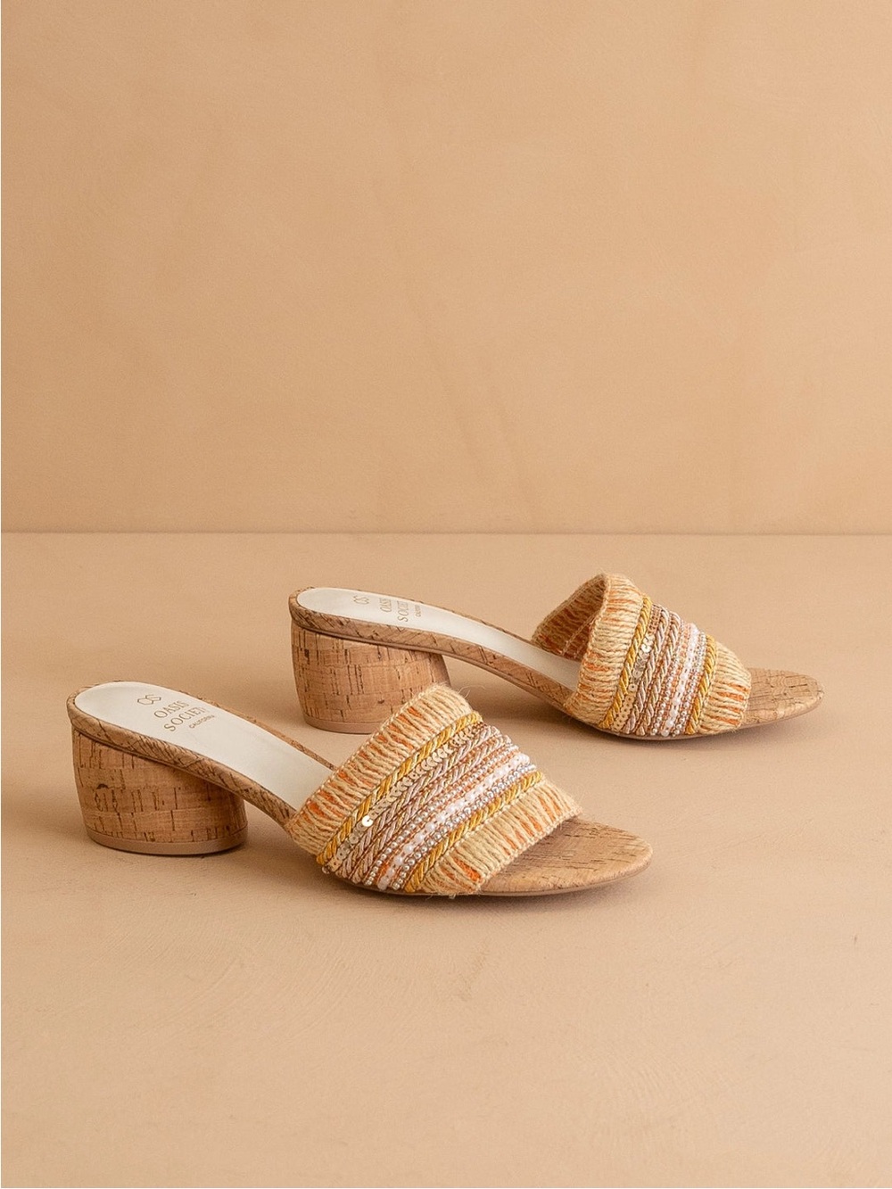 Textured Woven Cork Slide Sandals in Beige and Gold